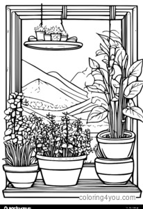 Detailed herb garden coloring page with aromatic herbs hanging to dry.