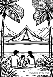 Family setting up a tent on a tropical island