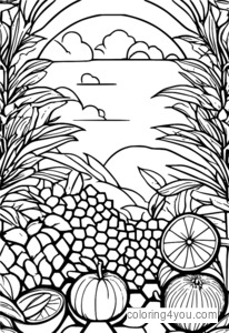 Une page de coloriage en ligne gratuite d'hexagones répétitifs sur le thème des fruits