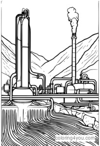 Um desenho detalhado de um sistema de energia geotérmica com trocadores de calor e tubulações