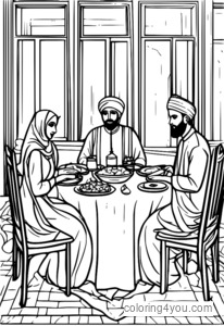 Coloriage d'une famille réunie pour l'Iftar en se concentrant sur les valeurs