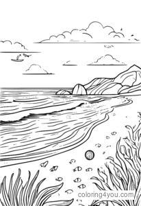 Kids on Beach Coloring Page with Beach Ball