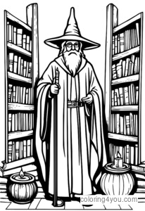 A wise wizard surrounded by books and candles.