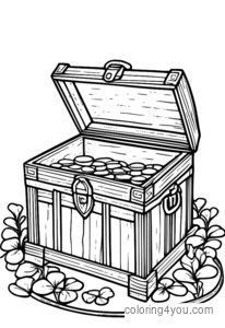 Leprechaun's treasure chest filled with gold coins and decorated with shamrocks