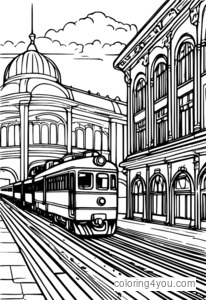 Coloring page of a vintage train station platform with classic decorations and old trains.