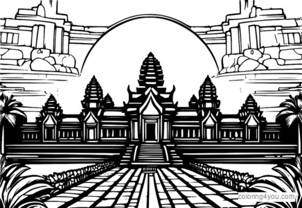 Illustrazione mozzafiato di un tramonto ad Angkor Wat con vista panoramica sul complesso del tempio