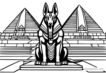 Anubis avec une tête de chacal debout devant une pyramide