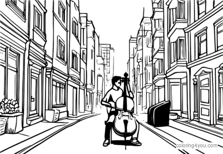 Coloring page of a cello in a city street