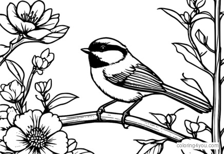 Chickadee fargeleggingsside med blomster i en hage