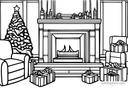 Christmas stockings and presents by the fireplace coloring page