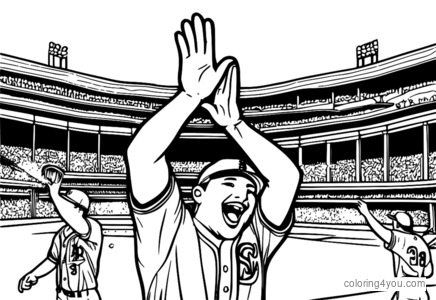 Baseball team celebrating a home run, high-fiving, championship pose