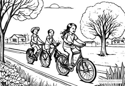 Un gruppo di bambini che guidano biciclette d'epoca con ruote grandi su un sentiero sterrato.