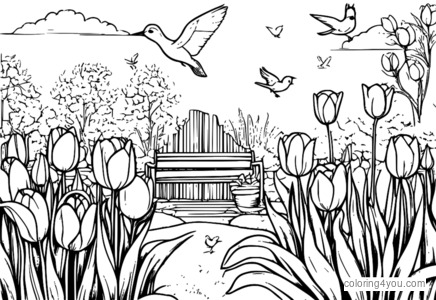 Scène de jardin printanier avec tulipes et jonquilles en fleurs