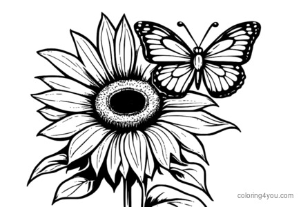 Bright yellow sunflower with a smiling butterfly perched on top