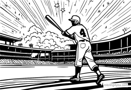 Baseball superhero hitting a home run, fantasy landscape, fireworks in the background