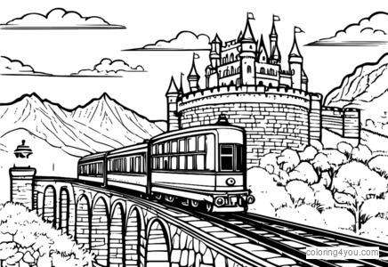 Train passing through a castle with ancient architecture and stonewalls.