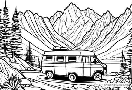 A family of four in a van driving through a rugged campsite.