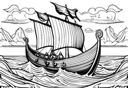 Isang detalyadong paglalarawan ng isang Viking longship na may mga naglalayag na layag