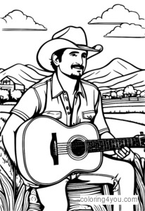 Brad Paisley igra akustično kitaro s kmečkim ozadjem