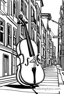 Coloring page of a cello in a city street