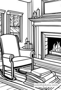 Christmas stockings and sleigh by the fireplace coloring page