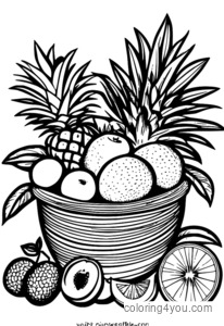 Coloring page of a fruit basket with various exotic fruits from around the world