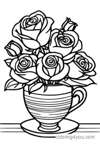 desenhos de Buquê de rosas em uma xícara para colorir no Dia dos Namorados