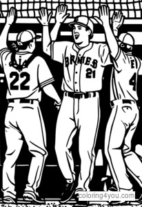 Baseball team celebrating a home run, high-fiving, championship pose