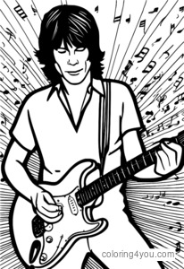 Jeff Beck idoqq il-kitarra Fender, imdawwar b'noti u kordi tal-mużika jazz