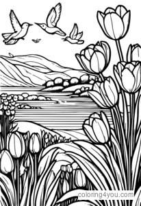 Scène de jardin printanier avec tulipes et jonquilles en fleurs