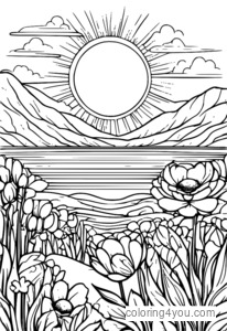 Coloriage de Lever de soleil printanier avec des fleurs pour Colorier