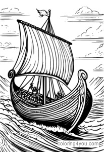 O ilustrare dramatică a unei nave vikinge care se încarcă în luptă