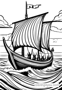 Een gedetailleerde illustratie van een Viking-langschip met golvende zeilen