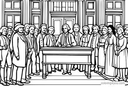 Coloring page of the townspeople celebrating the signing of the Declaration of Independence