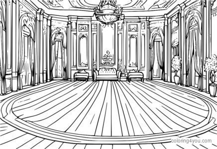 Coloriage de gens dansant dans une grande salle de bal, à l’intérieur d’un château royal.