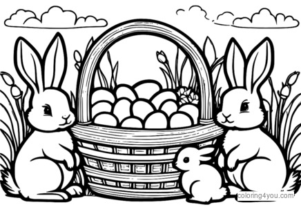 Easter basket filled with colorful eggs, chicks, and other spring-themed treats, surrounded by baby bunnies