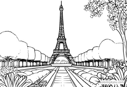 Coloriage de la Tour Eiffel avec un beau jardin et des fleurs épanouies à Paris, France