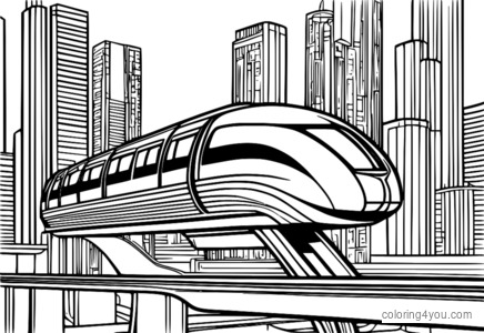 Futuristinen monorail, jossa on luonnollisen kokoisia ihmisiä