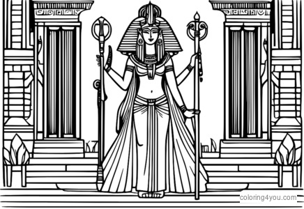 Coloriage d'Hathor debout devant un temple avec une harpe et une lyre.