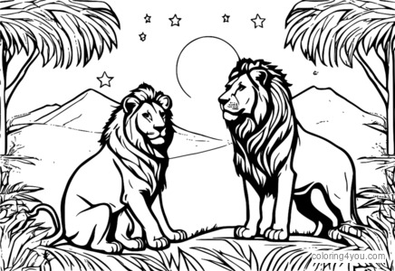 Pride of lions roaming through jungle at night under stars, coloring page illustration