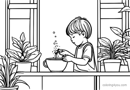 Niño regando una pequeña planta en una taza.