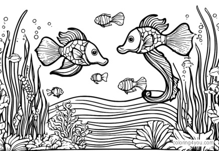 Sea horses and fish swimming in a school