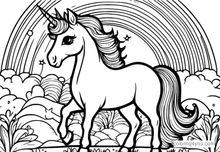 Coloring page of a unicorn with a rainbow hair bow