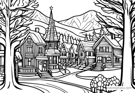 Bustling winter village scene with Christmas decorations