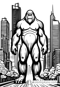 Illustrazzjoni ta’ Bigfoot bilwieqfa f’belt moderna mdawra minn skyscrapers