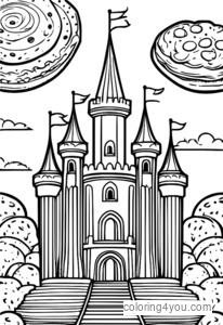 Dibujo para colorear de una galleta en forma de castillo.