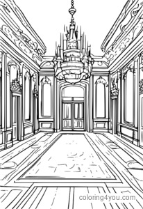 Coloriage de gens dansant dans une grande salle de bal, à l’intérieur d’un château royal.