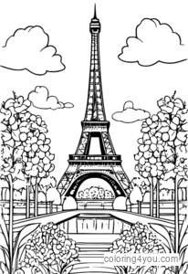 Kaca pewarna Menara Eiffel kanthi taman sing apik lan kembang sing mekar ing Paris, Prancis