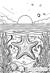 Étoile de mer heureuse, entourée de méduses, coloriage pour enfants