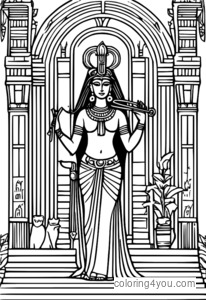 Coloriage d'Hathor debout devant un temple avec une harpe et une lyre.